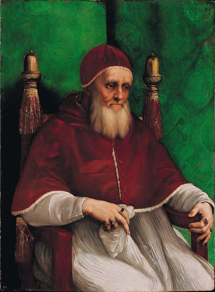 London National Gallery Next 20 05 Raphael - Pope Julius II Raphael - Portrait of Pope Julius II, 1512, 108 x 81 cm. This is a portrait of Pope Julius II, shortly before his death in 1513, wearing a red and white cape. The pope had grown a beard to show that he was upset about the loss of the city of Bologna. Julius II was a liberal patron of arts, employing Bramante for the design of St. Peter's cathedral, and bringing Raphael to Rome to decorate his private apartments and commissioning Michelangelo for the frescoes on the ceiling of the Sistine Chapel and for his own tomb. Julius is seated in an armchair adorned with his own personal emblem, the acorn. The popes head is in the centre of the painting, with a line emphasized down to the handkerchief in his hand.